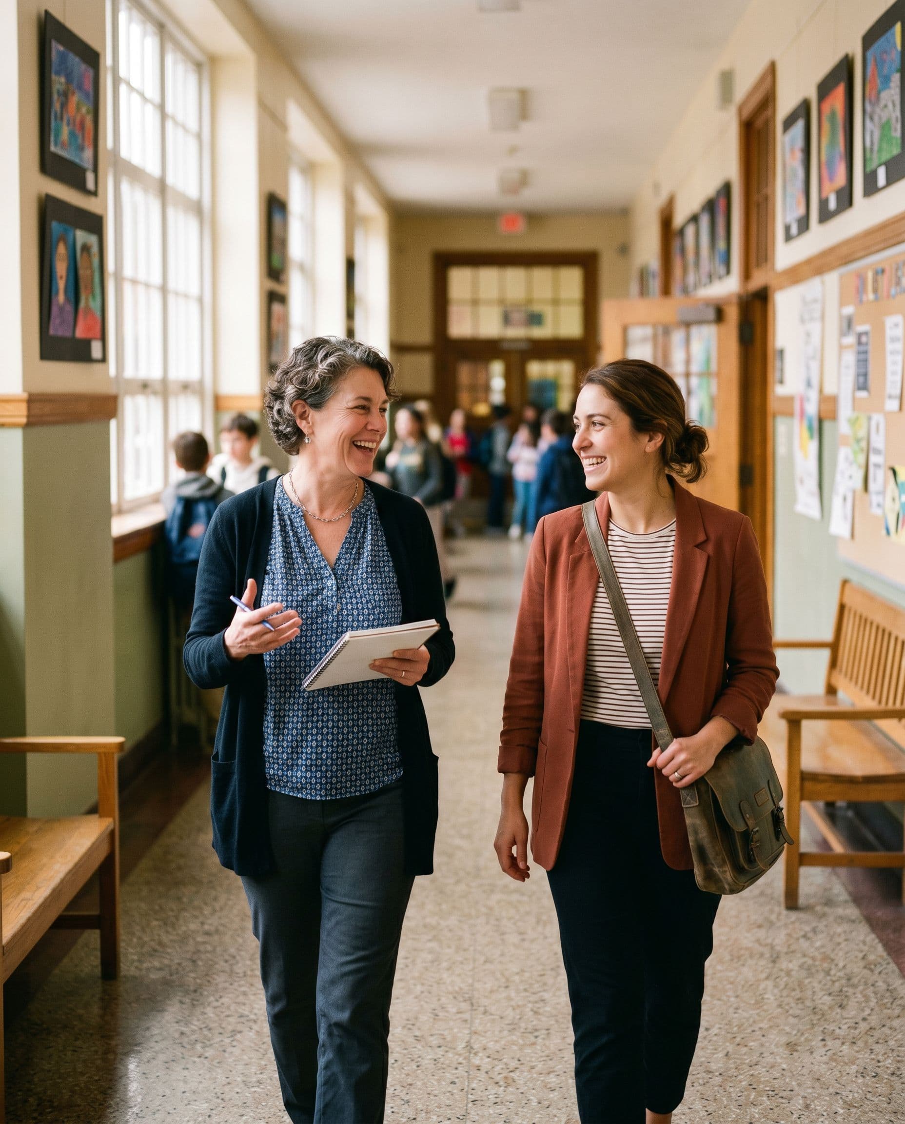 Two experienced educators talking together in a school hallway lined with student artwork